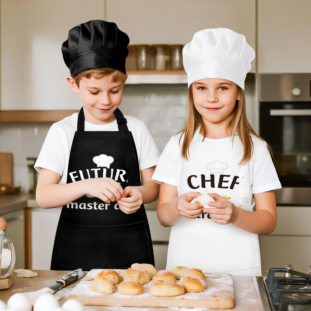 GROBRO7 4Pcs Kids Apron & Chef Hat Set – Adjustable, Waterproof, 2 Pockets, 3–6 Years