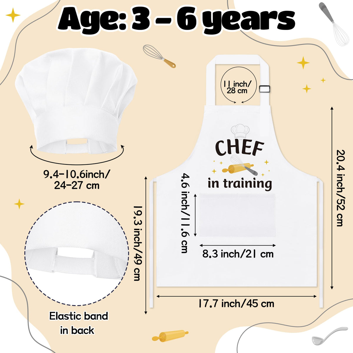 GROBRO7 4Pcs Kids Apron & Chef Hat Set – Adjustable, Waterproof, 2 Pockets, 3–6 Years