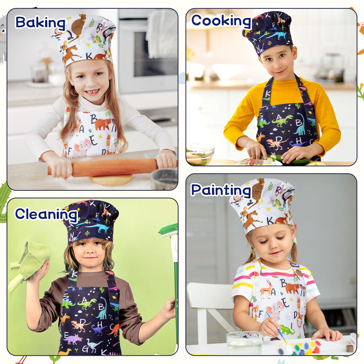 GROBRO7 4-Piece Kids Apron & Chef Hat Set – Adjustable Waterproof Kitchen Playwear