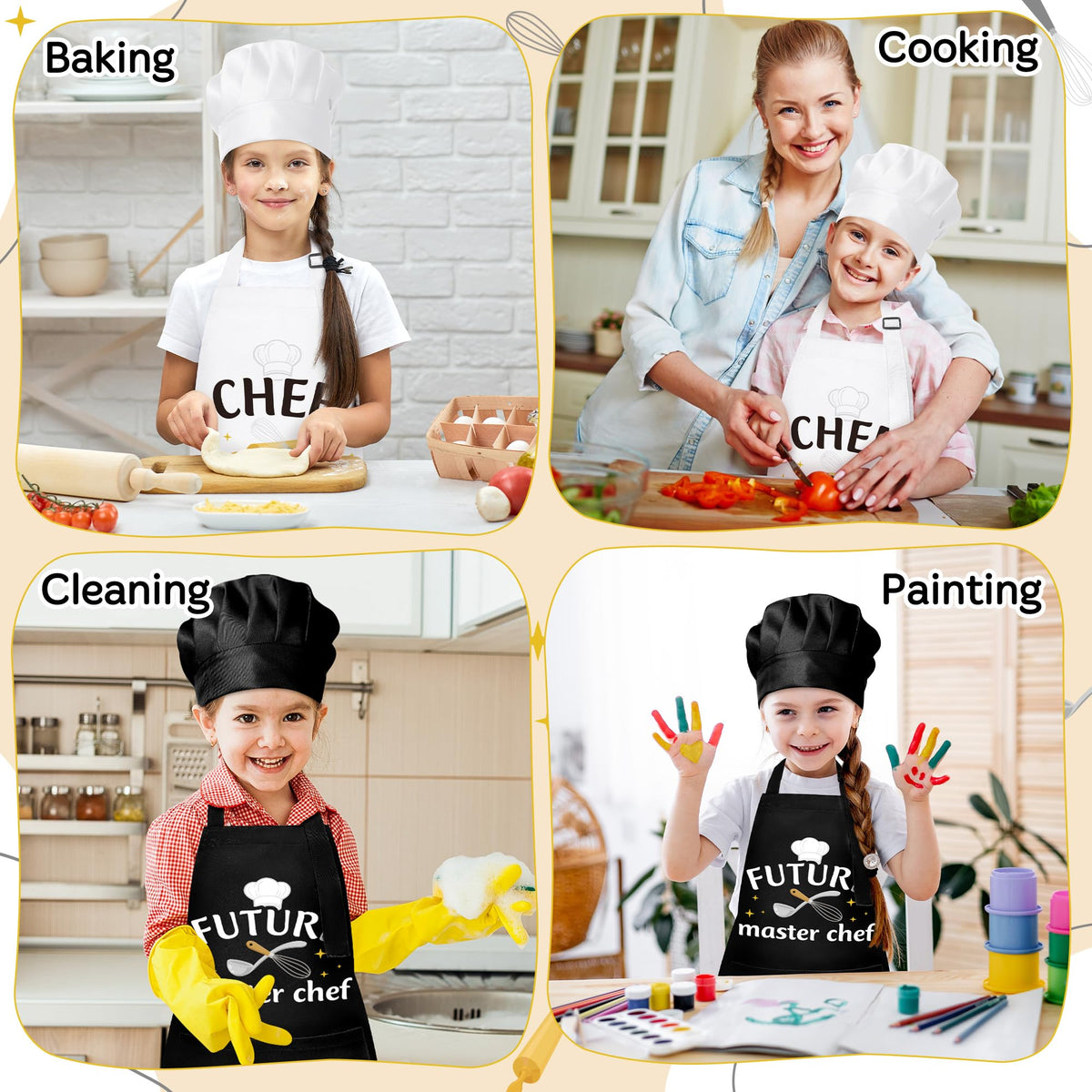 GROBRO7 4Pcs Kids Apron & Chef Hat Set – Adjustable, Waterproof, 2 Pockets, 3–6 Years