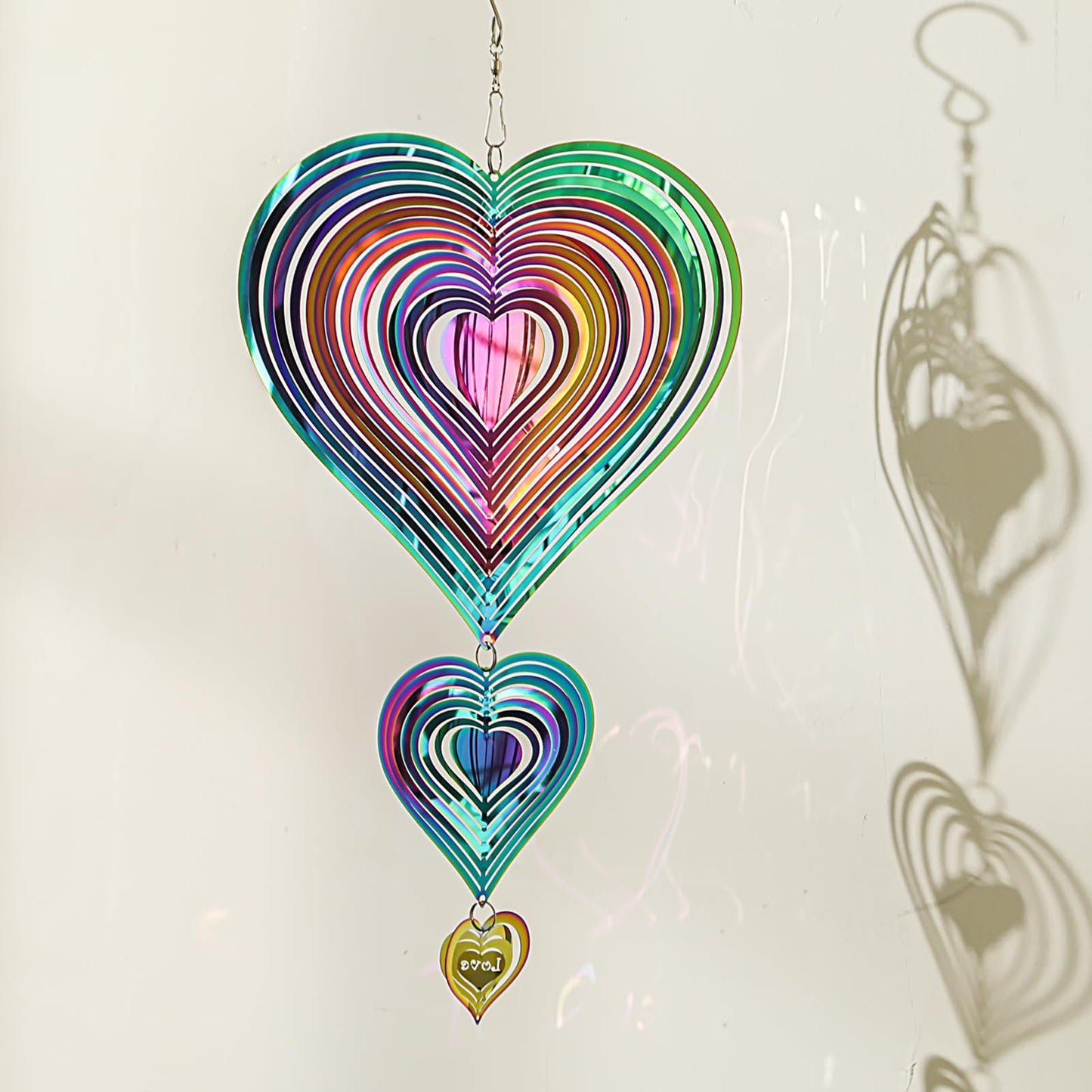 GRPWWT Wind Spinners Outdoor – Gradient Rainbow 14in, Stainless Steel, 3D Hearts