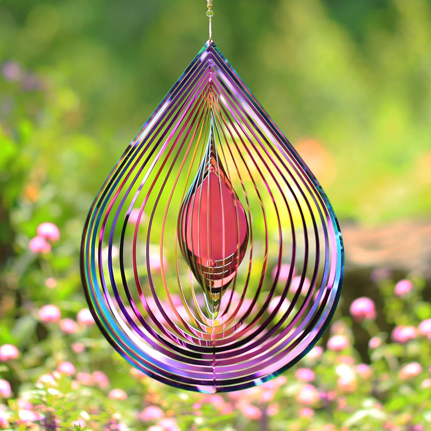 GRPWWT Wind Spinners Outdoor - 3D Water Drop, Gradient Rainbow, 12in Stainless Steel Garden Decor