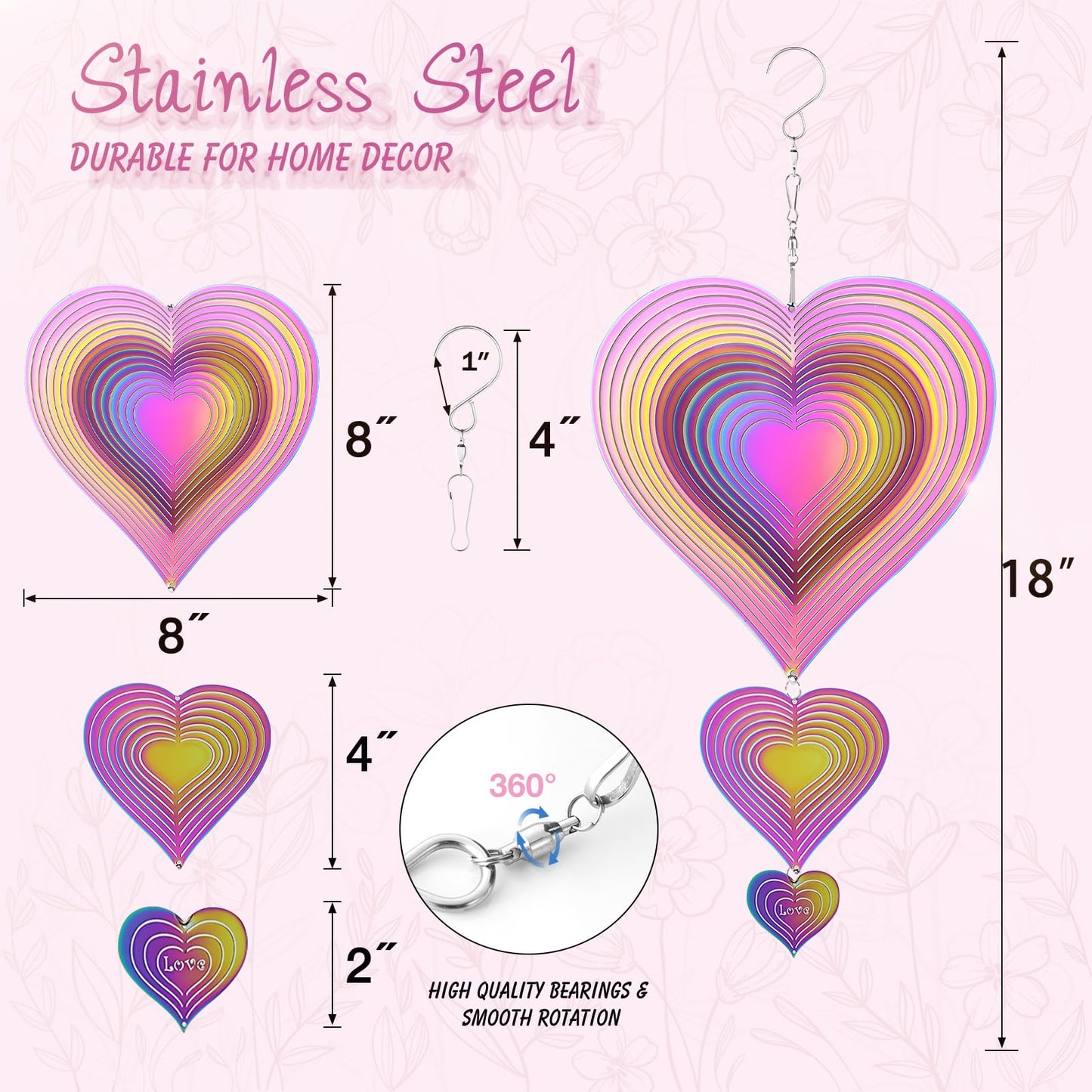 GRPWWT Wind Spinners Outdoor – Gradient Rainbow 14in, Stainless Steel, 3D Hearts