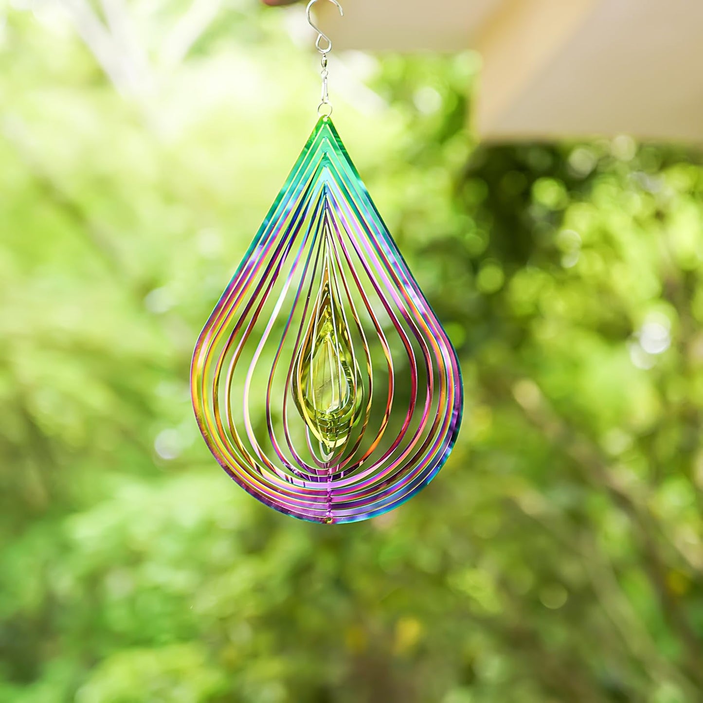 GRPWWT Wind Spinners Outdoor - 3D Water Drop, Gradient Rainbow, 12in Stainless Steel Garden Decor