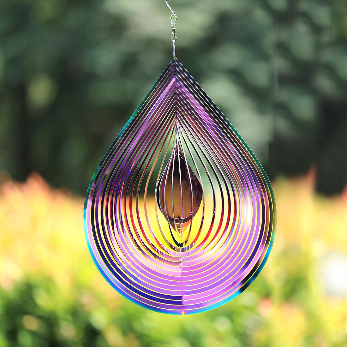 GRPWWT Wind Spinners Outdoor - 3D Water Drop, Gradient Rainbow, 12in Stainless Steel Garden Decor