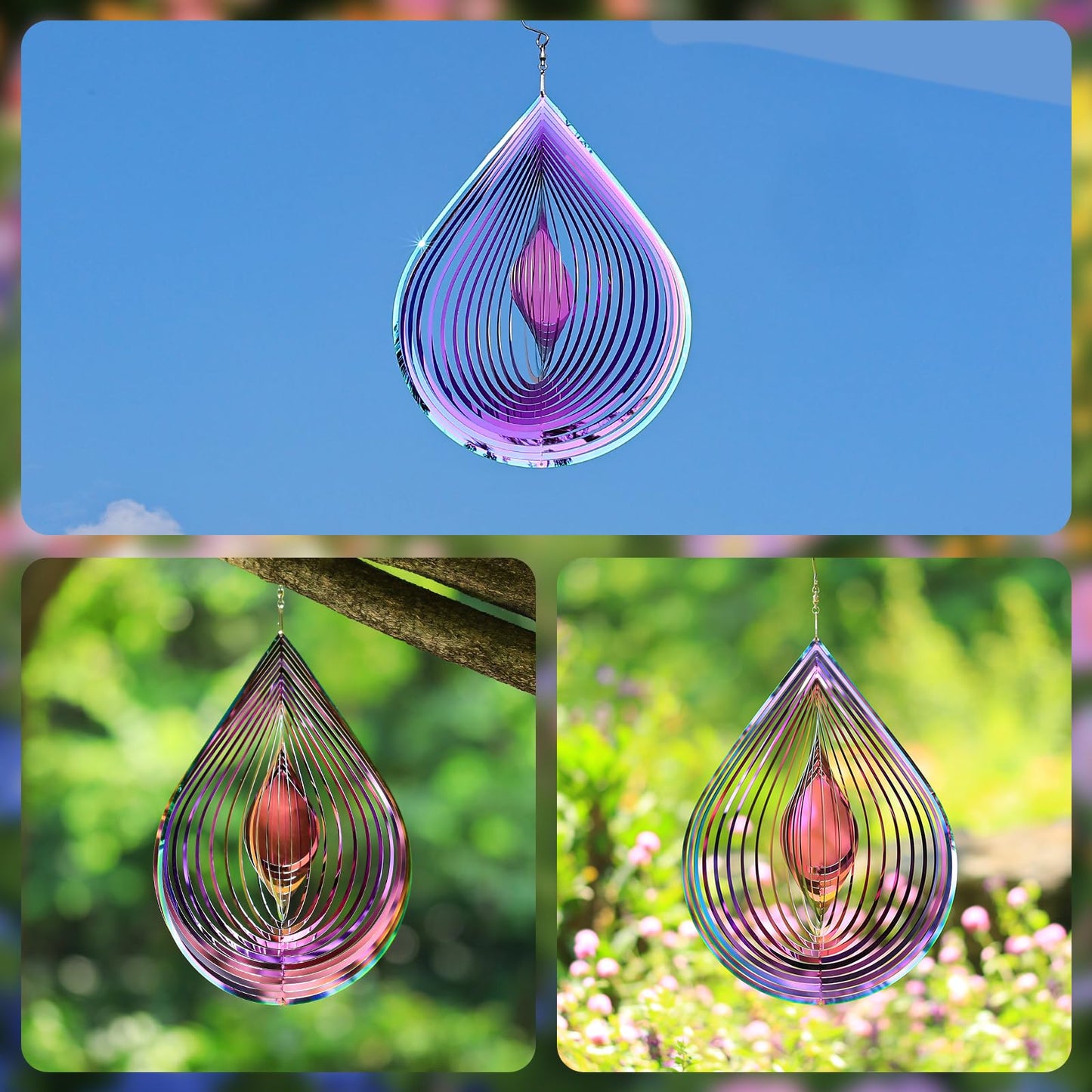 GRPWWT Wind Spinners Outdoor - 3D Water Drop, Gradient Rainbow, 12in Stainless Steel Garden Decor