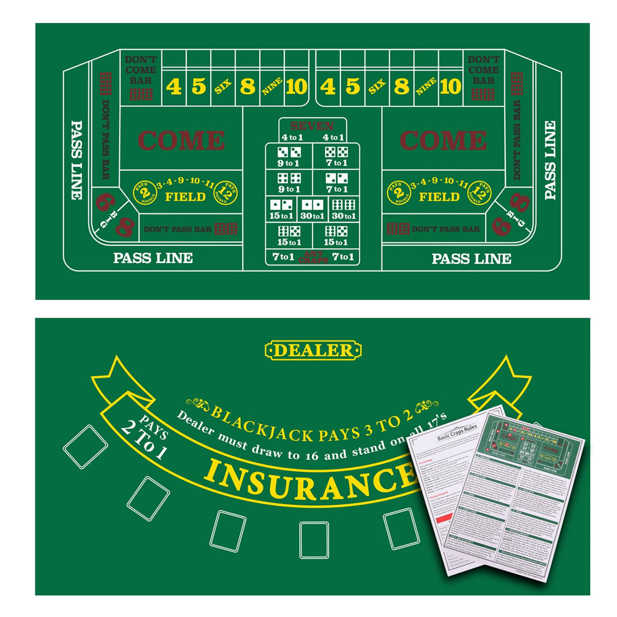 GSE 36x72 Blackjack & Craps Layout Mat – Las Vegas Style with Strategy Chart