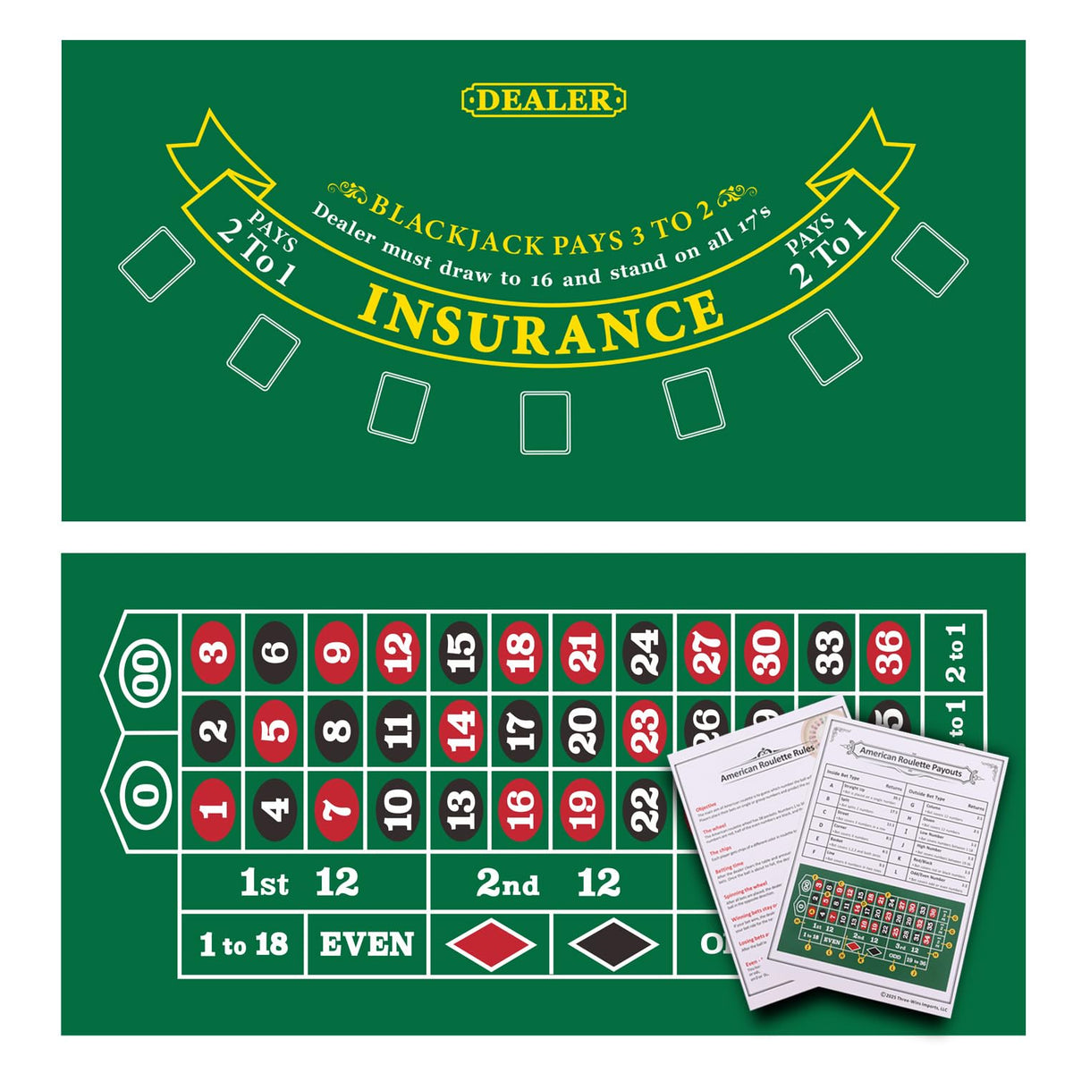 GSE Games & Sports Expert 36x72 Blackjack & Roulette Layout Mat – Las Vegas Style, Double-Sided Felt