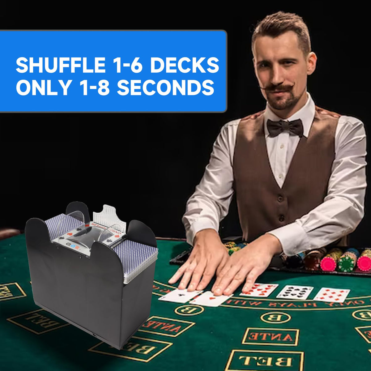 GSE 6-Deck Automatic Card Shuffler – Battery-Operated Shuffling Machine