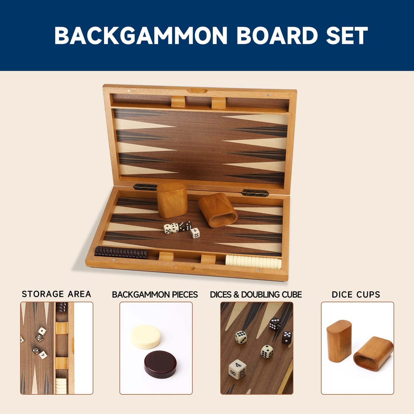 GSE Premium Wooden Folding Inlay Backgammon Board Set – 17 Inch Classic Strategy Game