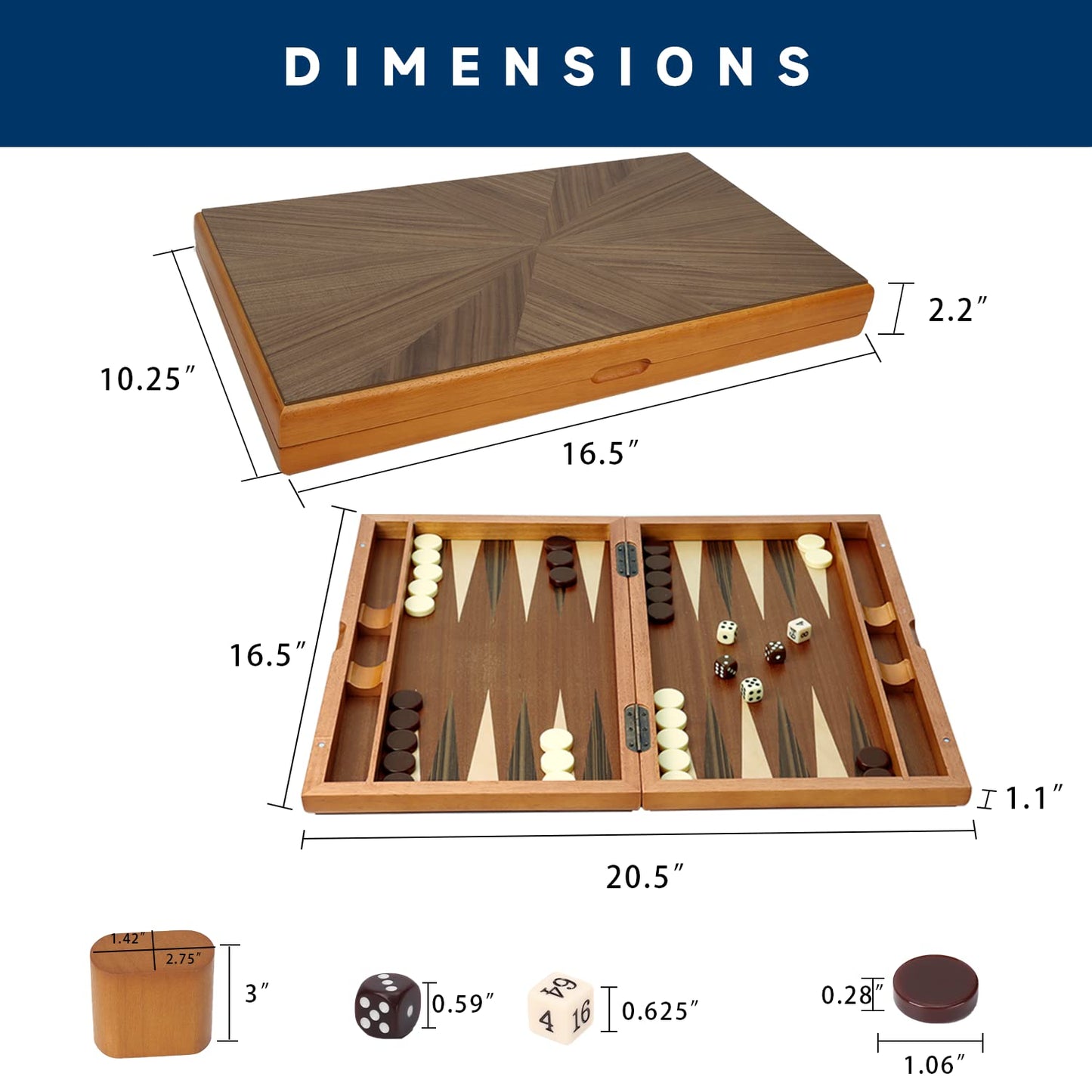 GSE Premium Wooden Folding Inlay Backgammon Board Set – 17 Inch Classic Strategy Game