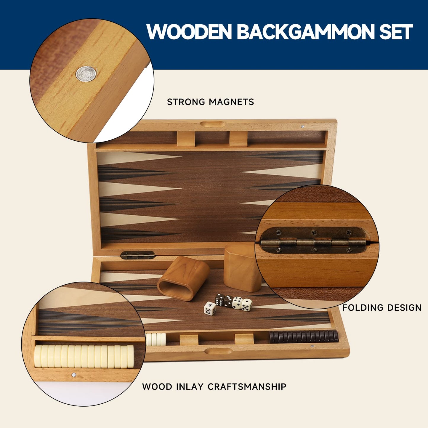 GSE Premium Wooden Folding Inlay Backgammon Board Set – 17 Inch Classic Strategy Game