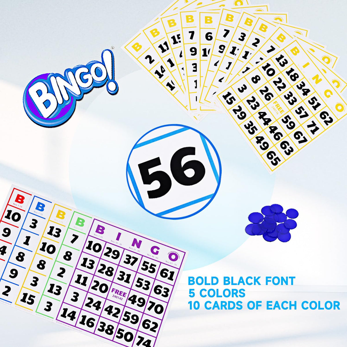 GSE Games & Sports Expert 50-Pack Jumbo Multi-Color Bingo Cards – Large Font, Reusable for Large Groups