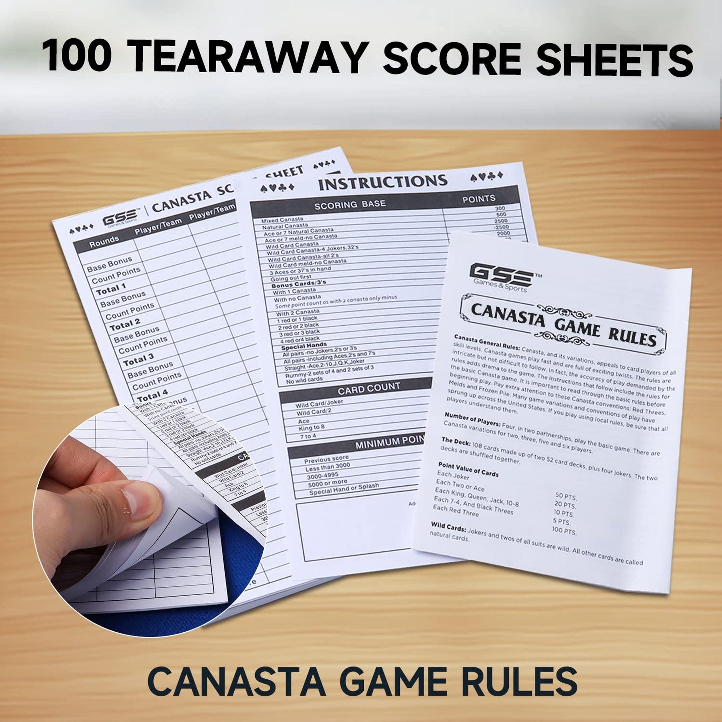 GSE Games & Sports Expert 100-Pack Canasta Score Sheets – 7x5 Score Pad with Instructions & Trick Values