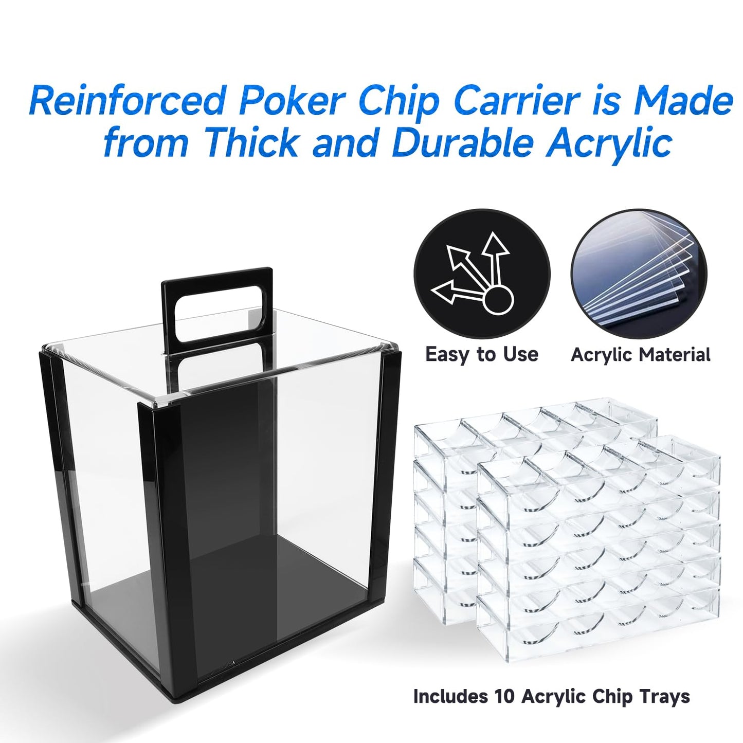 GSE Acrylic Poker Chip Case with 10 Trays – Holds 1,000 Chips
