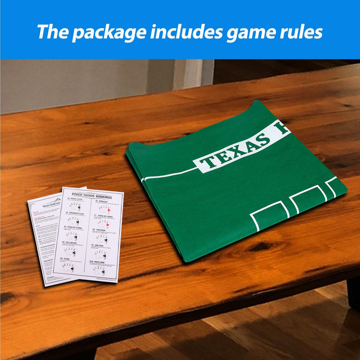 GSE 36x72 Texas Hold'em Poker Layout Felt — Las Vegas Style Tabletop Mat with Poker Hands Rankings