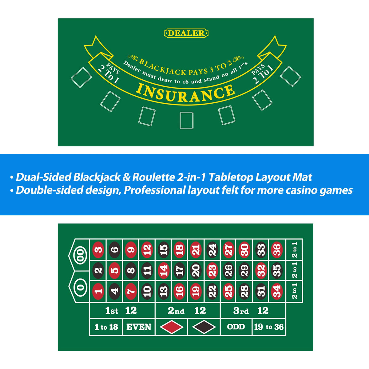 GSE Games & Sports Expert 36x72 Blackjack & Roulette Layout Mat – Las Vegas Style, Double-Sided Felt