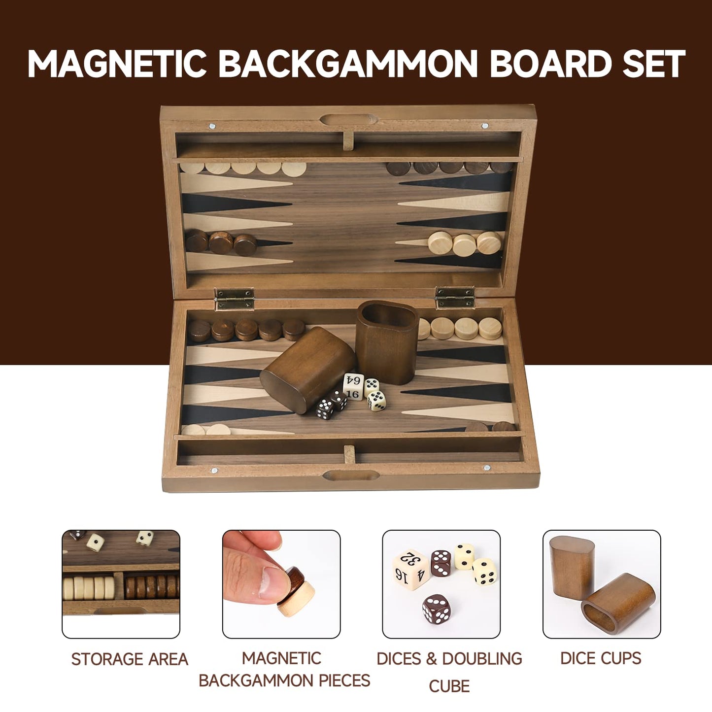 GSE Games & Sports Expert Premium Magnetic Wooden Folding Backgammon Board – 11-Inch Portable Travel Set