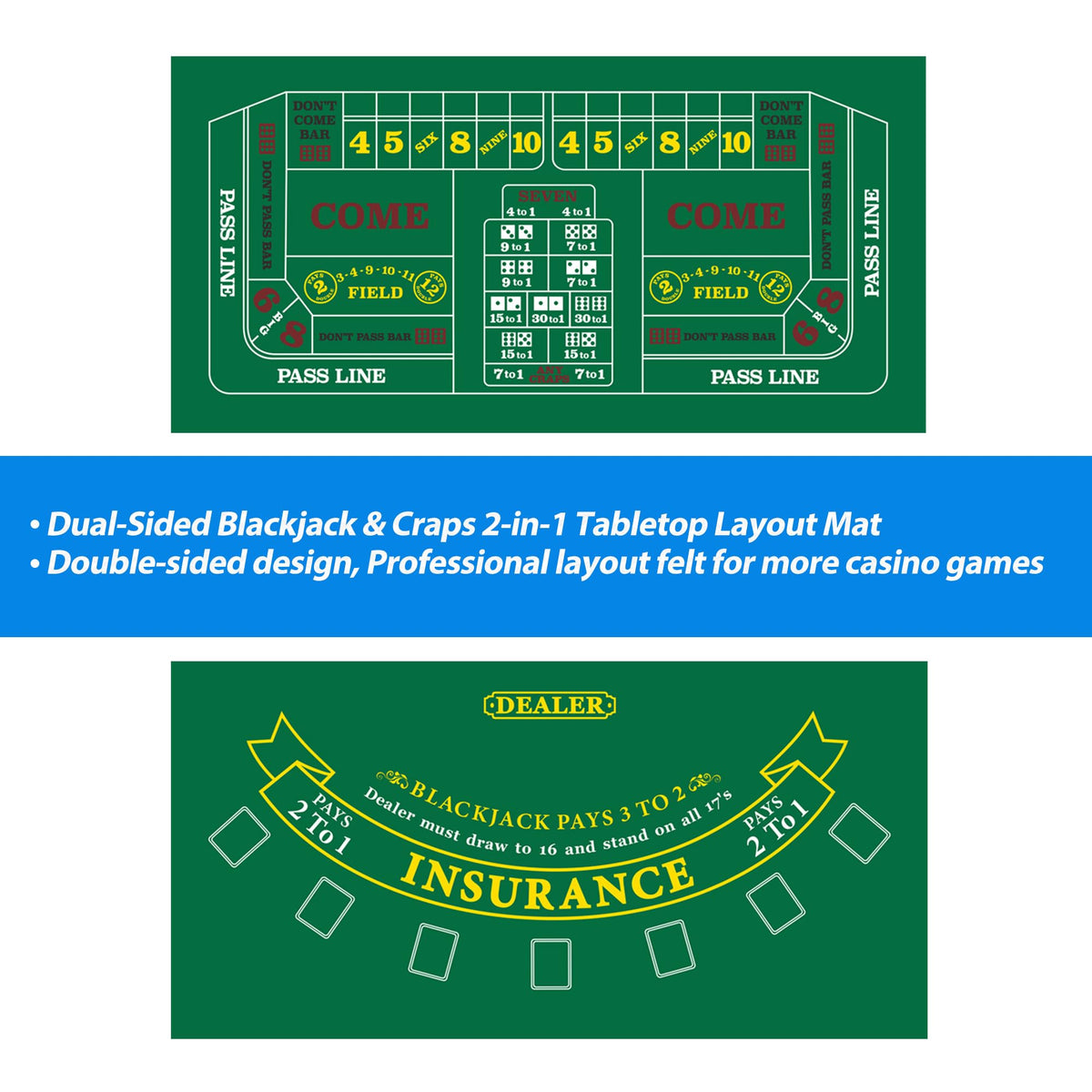 GSE 36x72 Blackjack & Craps Layout Mat – Las Vegas Style with Strategy Chart