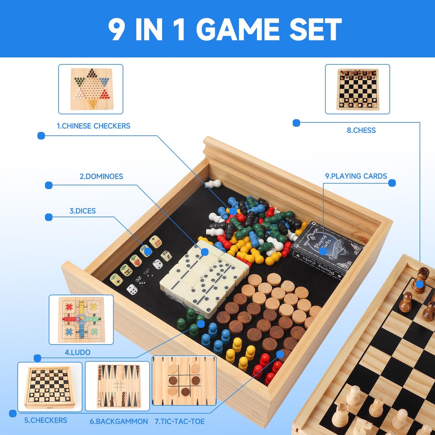 GSE Wooden 9-in-1 Game Set | Chess, Checkers, Backgammon & More