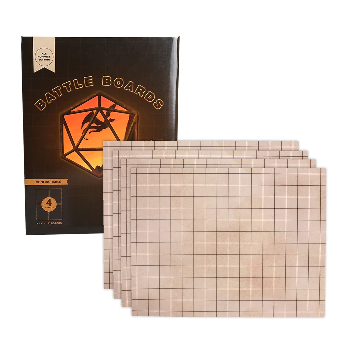 GSM Brands Battle Mat with Grid - 4 Pack Dry Erase Battle Boards (17x13) with Non-Skid Back