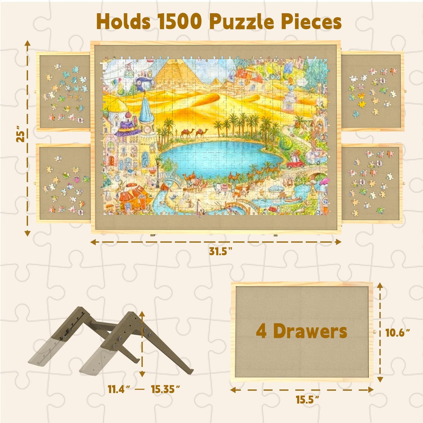 GT GETCO TECH Jigsaw Puzzle Board with Drawers & Cover | Tilting 5-Angle Board for 1500-Piece Puzzles