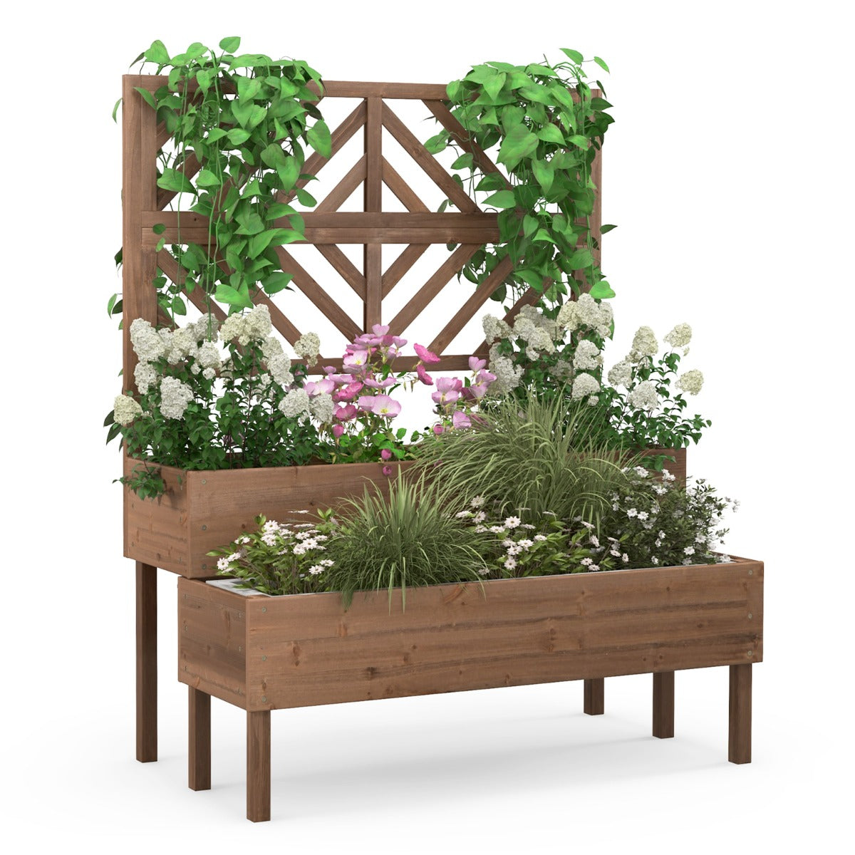 2-Tier Raised Garden Bed with Trellis and Drainage Hole-Natural