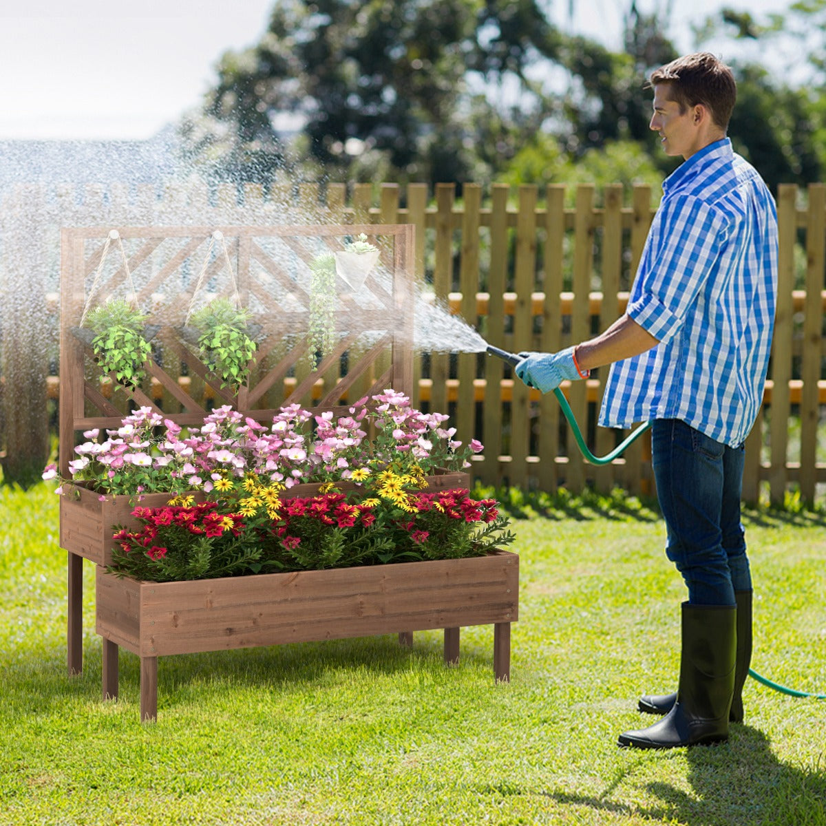 2-Tier Raised Garden Bed with Trellis and Drainage Hole-Natural