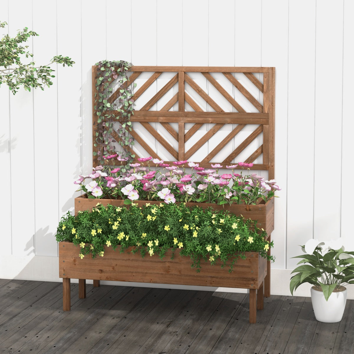 2-Tier Raised Garden Bed with Trellis and Drainage Hole-Natural