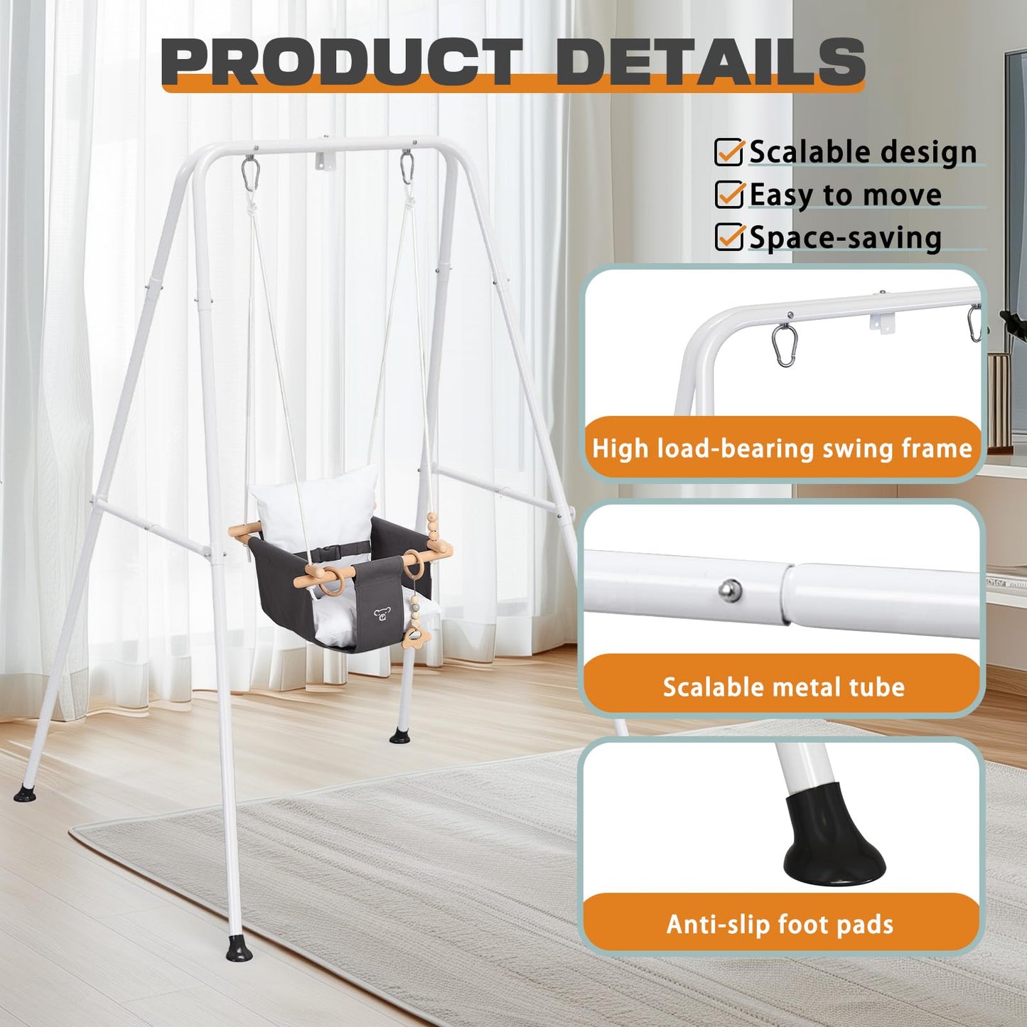 G TALECO GEAR Baby Swing with Stand – Indoor/Outdoor Saucer Swing with Canvas Seat (Gray)