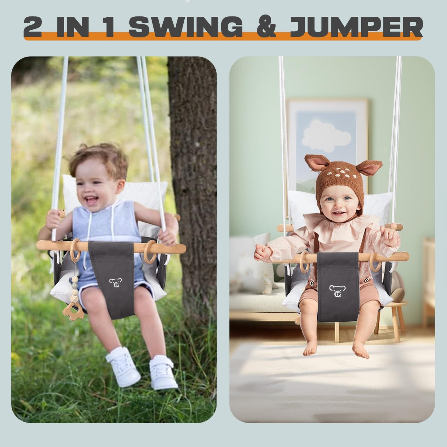 G TALECO GEAR Baby Swing with Stand – Indoor/Outdoor Saucer Swing with Canvas Seat (Gray)