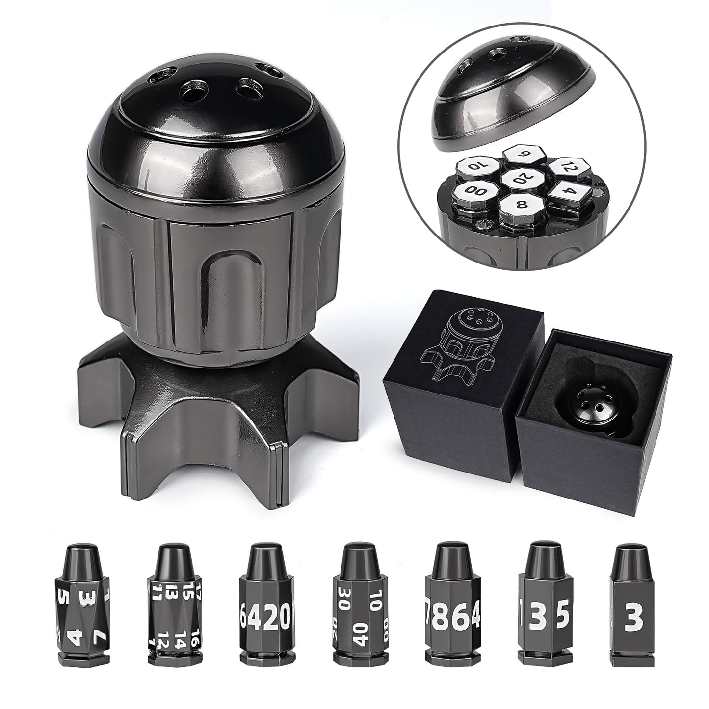 GU BEI TE DND Bullet Dice Set 7Pcs – Metal Polyhedral Dice with Spinning Missile Container