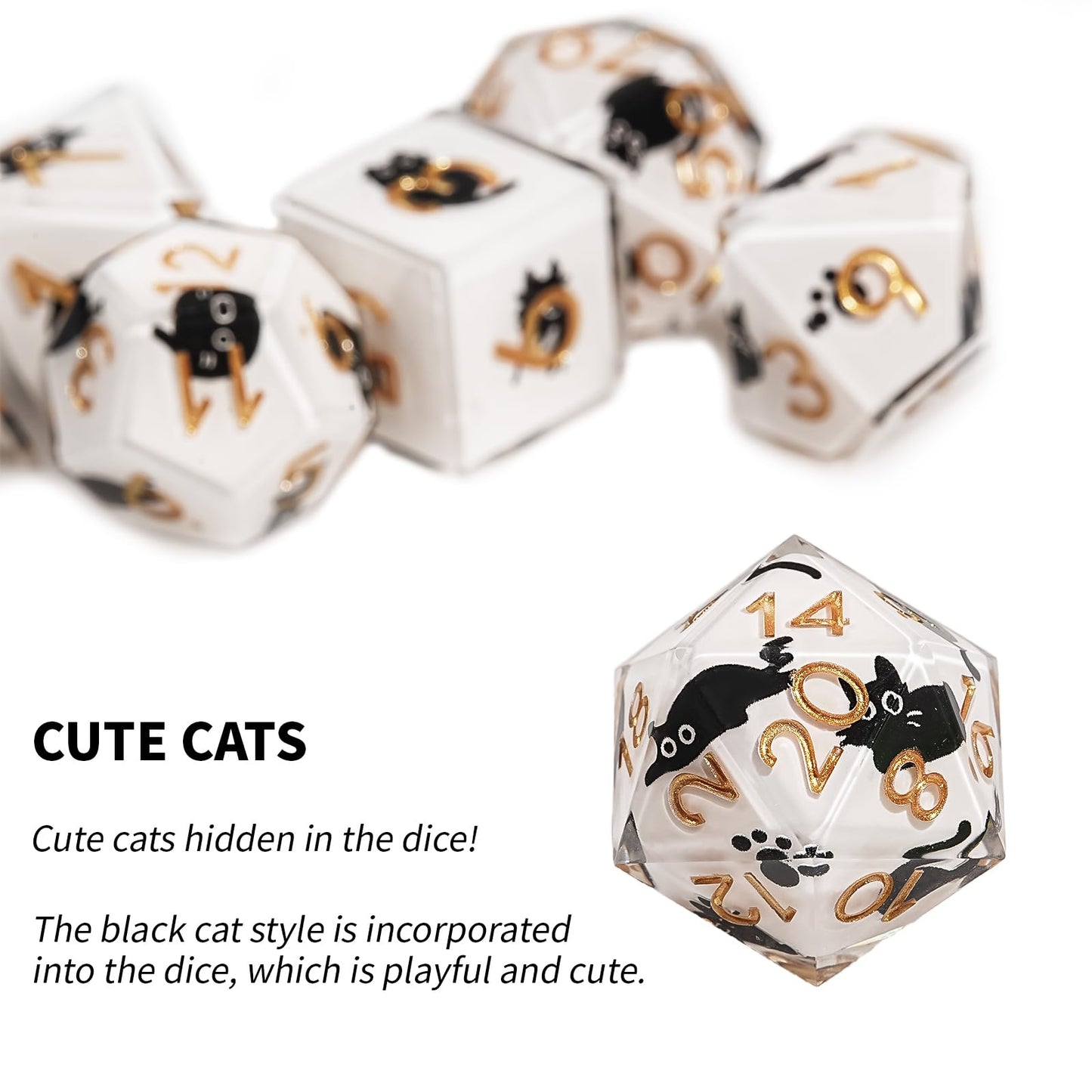 GU BEI TE DND Dice Set 7-Pcs – Cat-Style Resin Polyhedral Dice for DND RPG MTG
