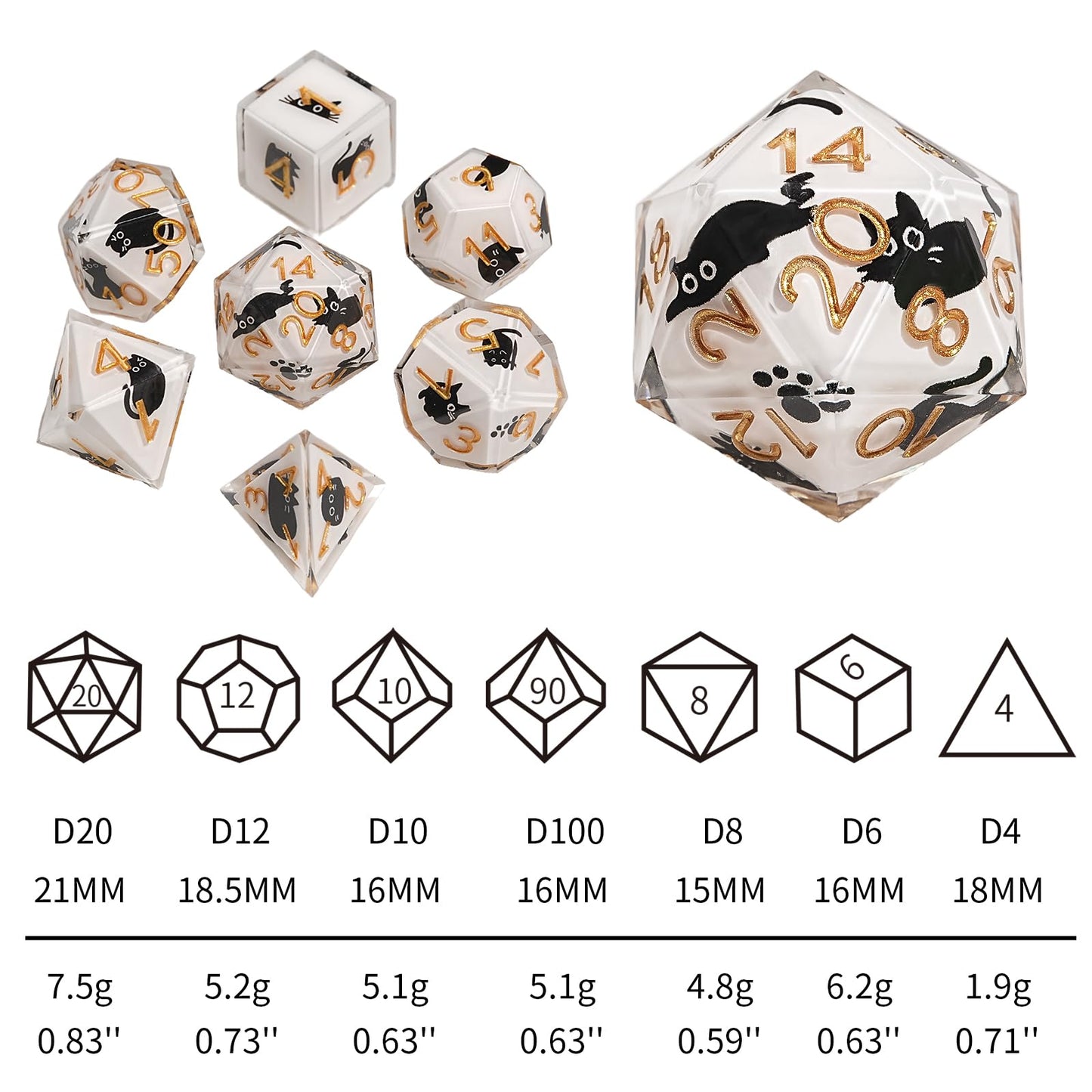 GU BEI TE DND Dice Set 7-Pcs – Cat-Style Resin Polyhedral Dice for DND RPG MTG