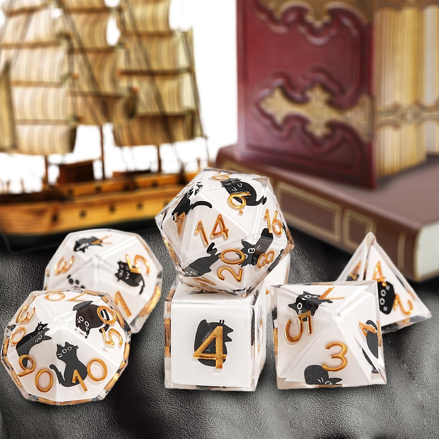 GU BEI TE DND Dice Set 7-Pcs – Cat-Style Resin Polyhedral Dice for DND RPG MTG