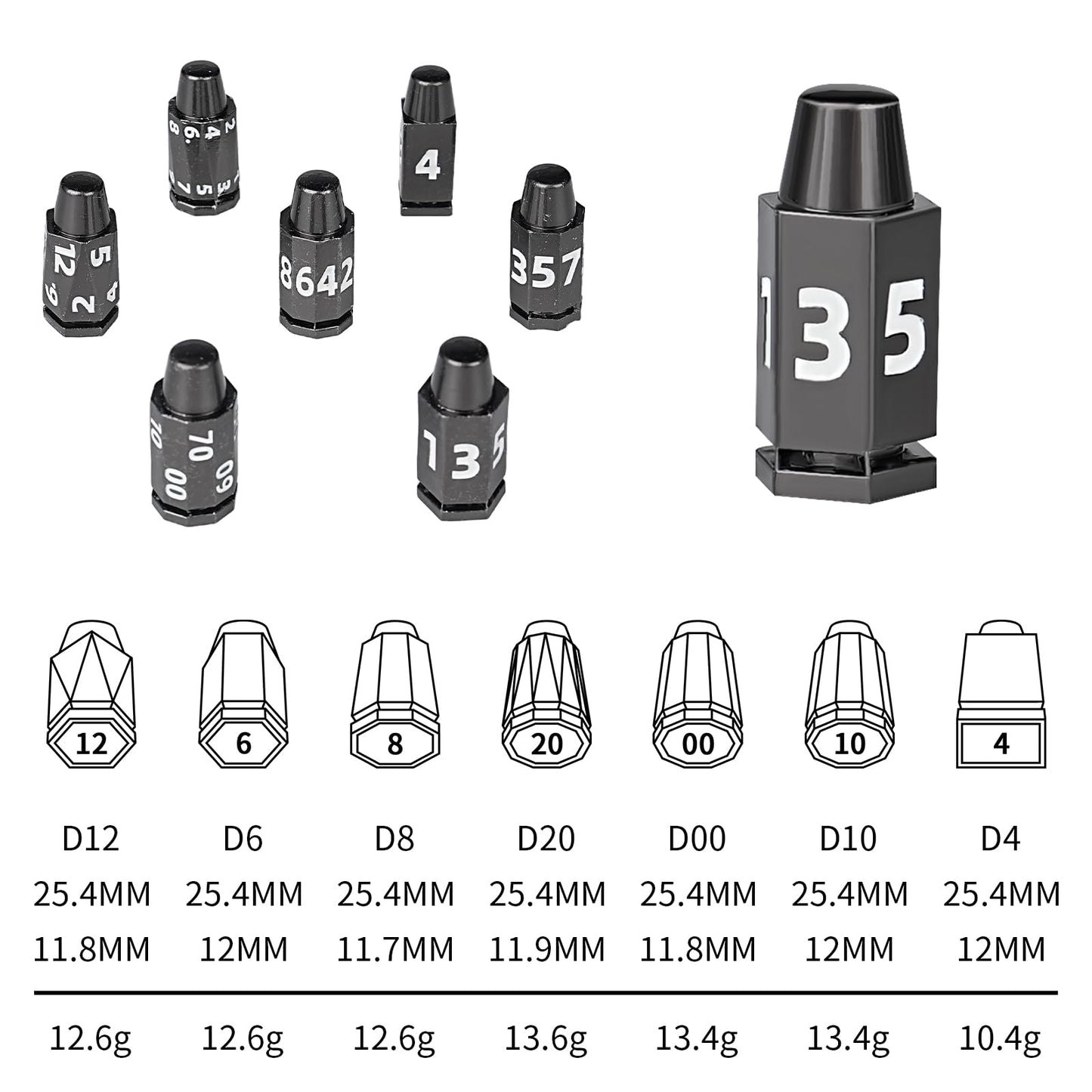 GU BEI TE DND Bullet Dice Set 7Pcs – Metal Polyhedral Dice with Spinning Missile Container