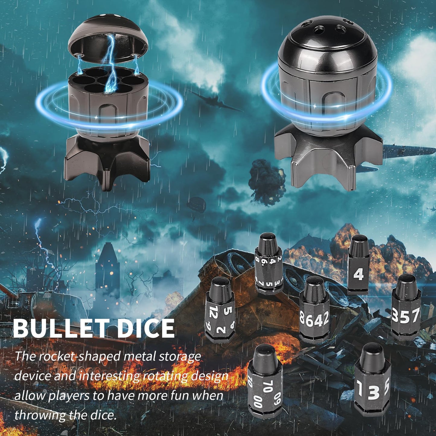 GU BEI TE DND Bullet Dice Set 7Pcs – Metal Polyhedral Dice with Spinning Missile Container