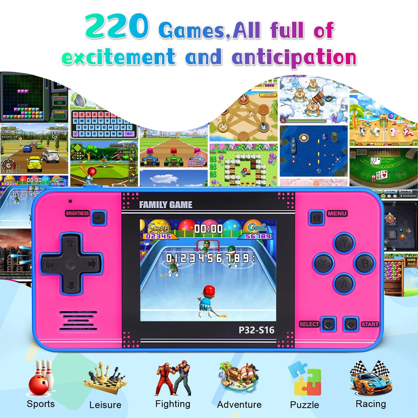 GuaiyeyeAP P32 Handheld Arcade Console – 220 Built-in 32-bit Games, 3.0” IPS Screen, Rechargeable, Travel Mini Arcade for Kids