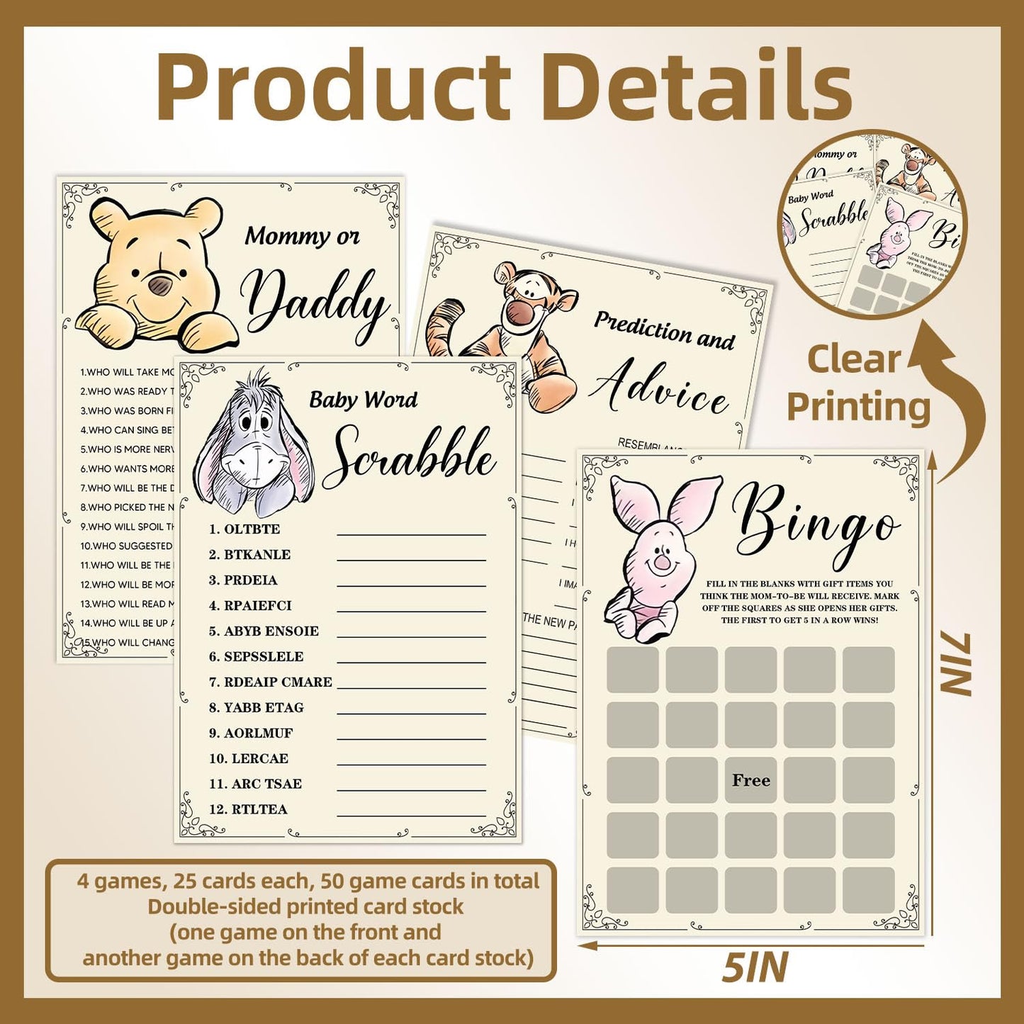 Guawubiang Winnie Baby Shower Games — 50 Cards, 4 Fun Activities (Bingo, Word Scramble, Prediction, Mommy’s Belly)