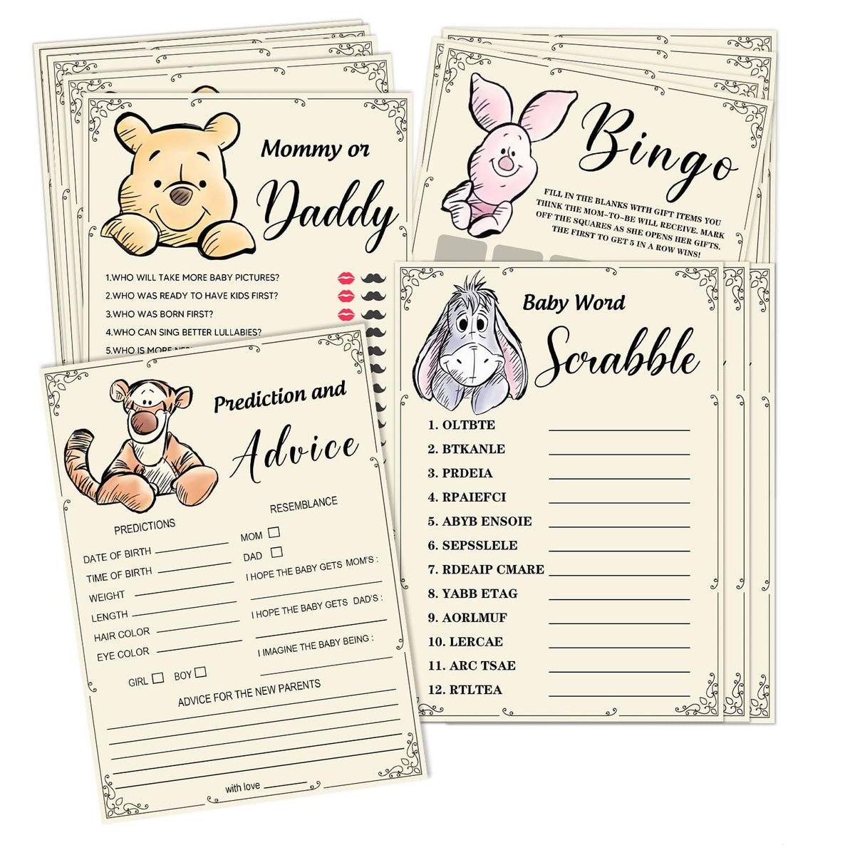 Guawubiang Winnie Baby Shower Games — 50 Cards, 4 Fun Activities (Bingo, Word Scramble, Prediction, Mommy’s Belly)