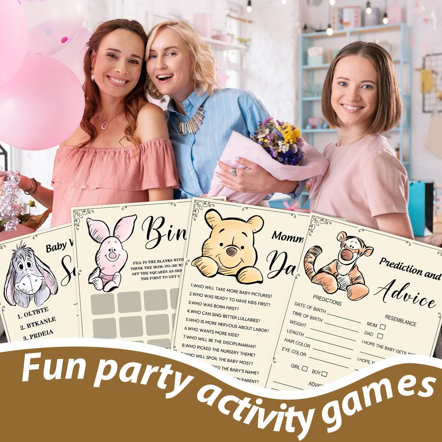 Guawubiang Winnie Baby Shower Games — 50 Cards, 4 Fun Activities (Bingo, Word Scramble, Prediction, Mommy’s Belly)