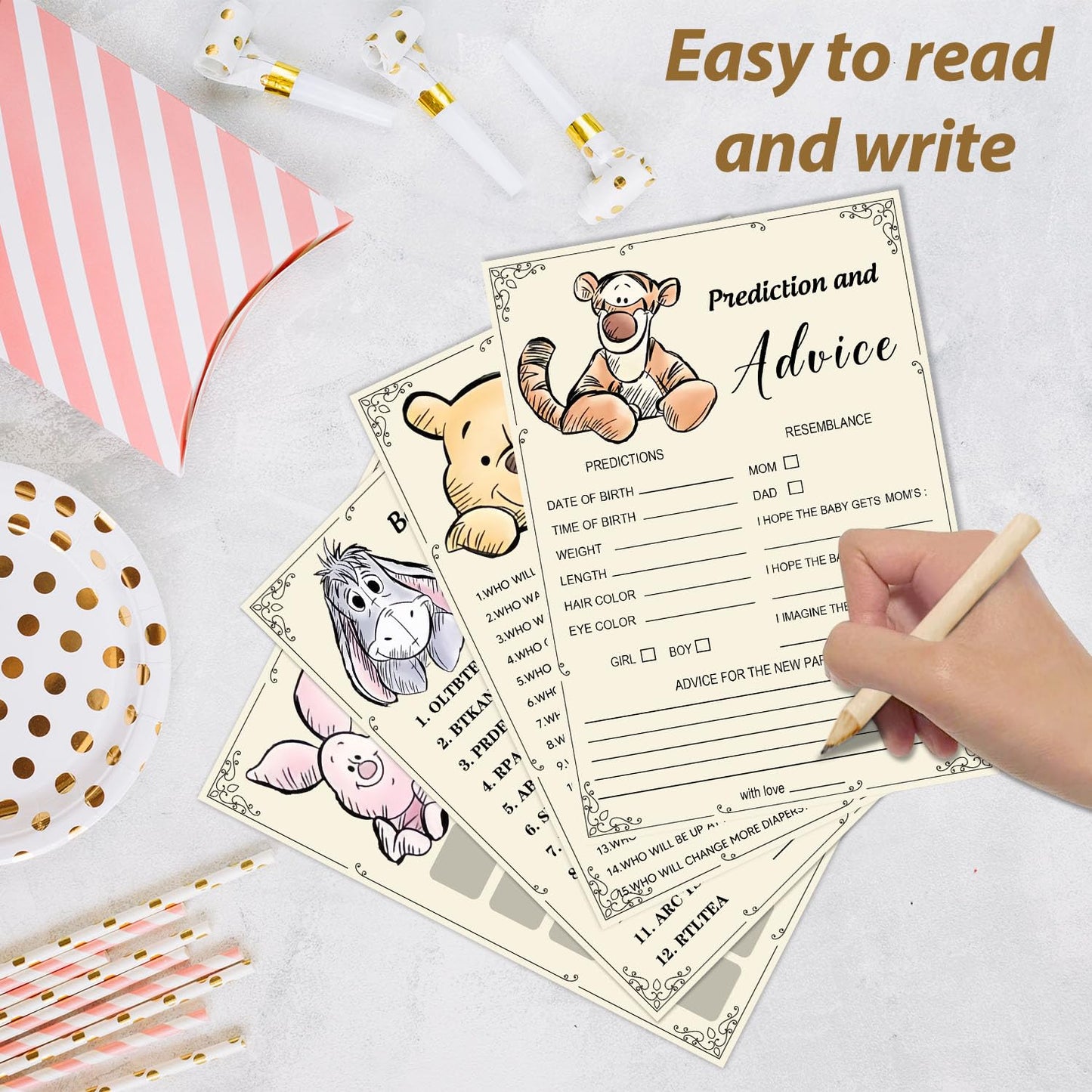 Guawubiang Winnie Baby Shower Games — 50 Cards, 4 Fun Activities (Bingo, Word Scramble, Prediction, Mommy’s Belly)