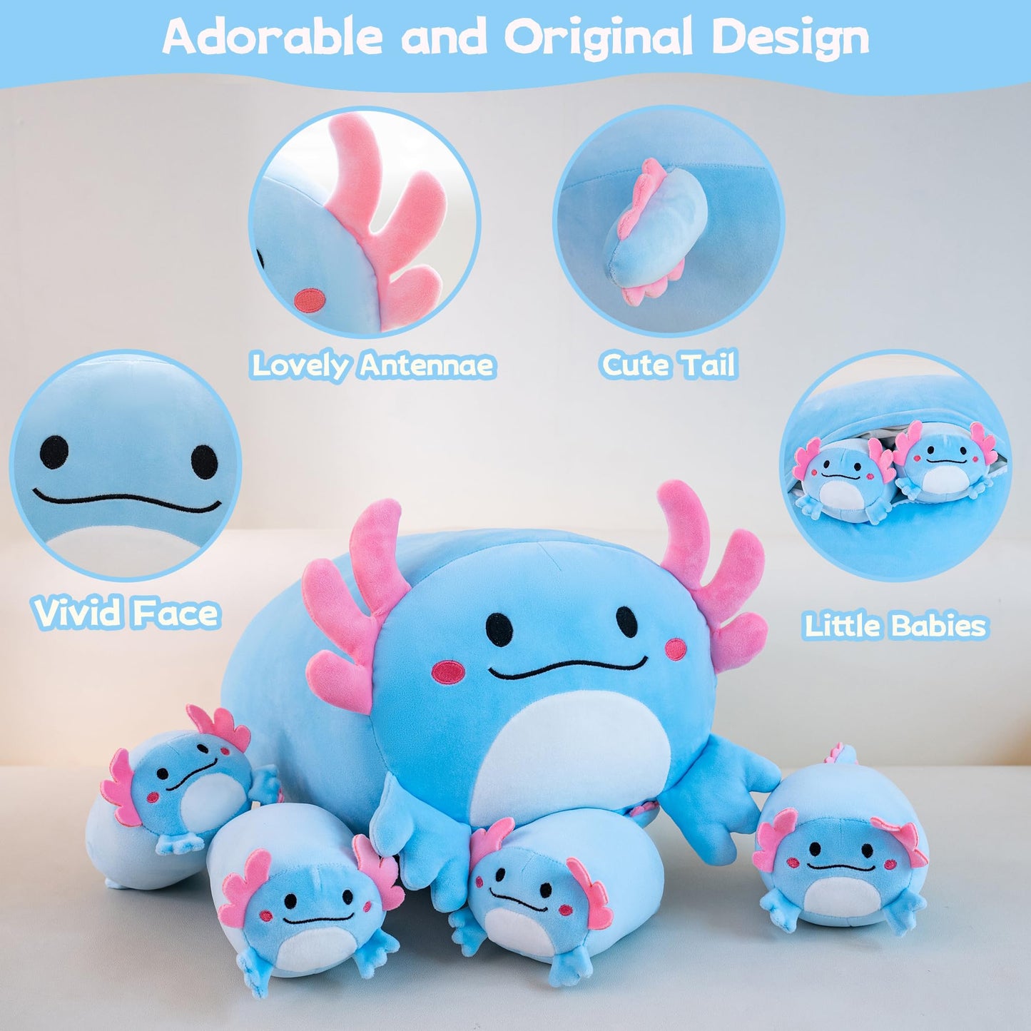 Gudisi 16-Inch Axolotl Plush with Four Baby Plushies | Soft Jumbo Toy Gift