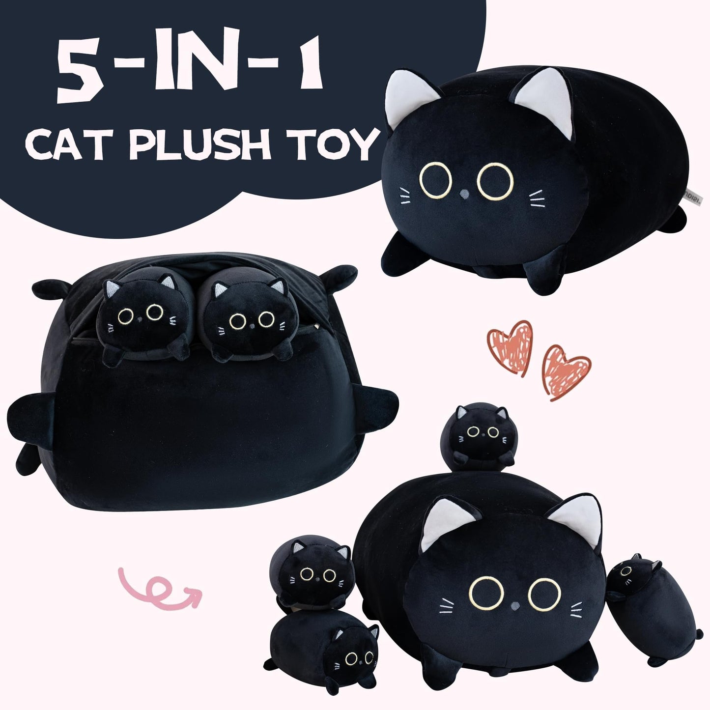Gudisi Black Cat Plush – 16-Inch Jumbo with 4 Hidden Kitties