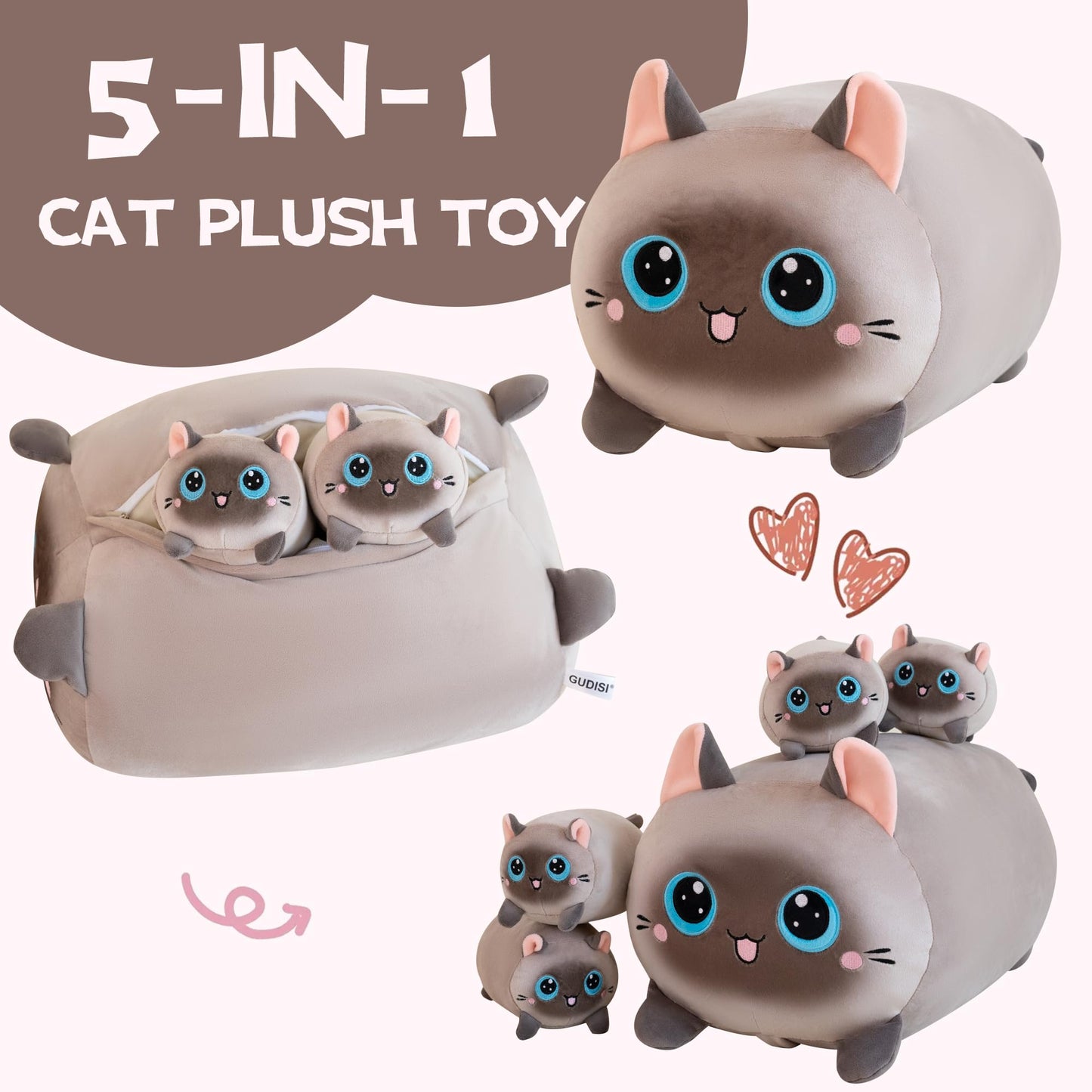 Gudisi Siamese Cat Plush with 4 Kittens – 16-Inch Jumbo Pillow Gift