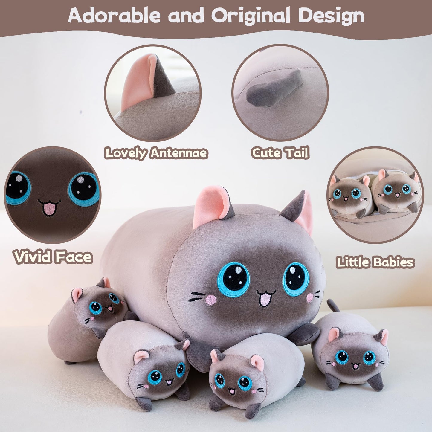 Gudisi Siamese Cat Plush with 4 Kittens – 16-Inch Jumbo Pillow Gift