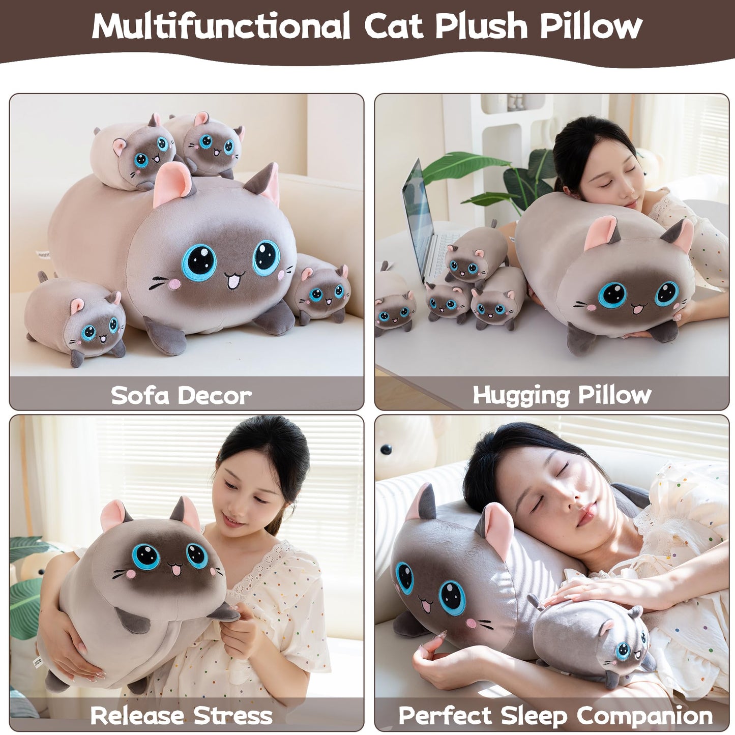Gudisi Siamese Cat Plush with 4 Kittens – 16-Inch Jumbo Pillow Gift