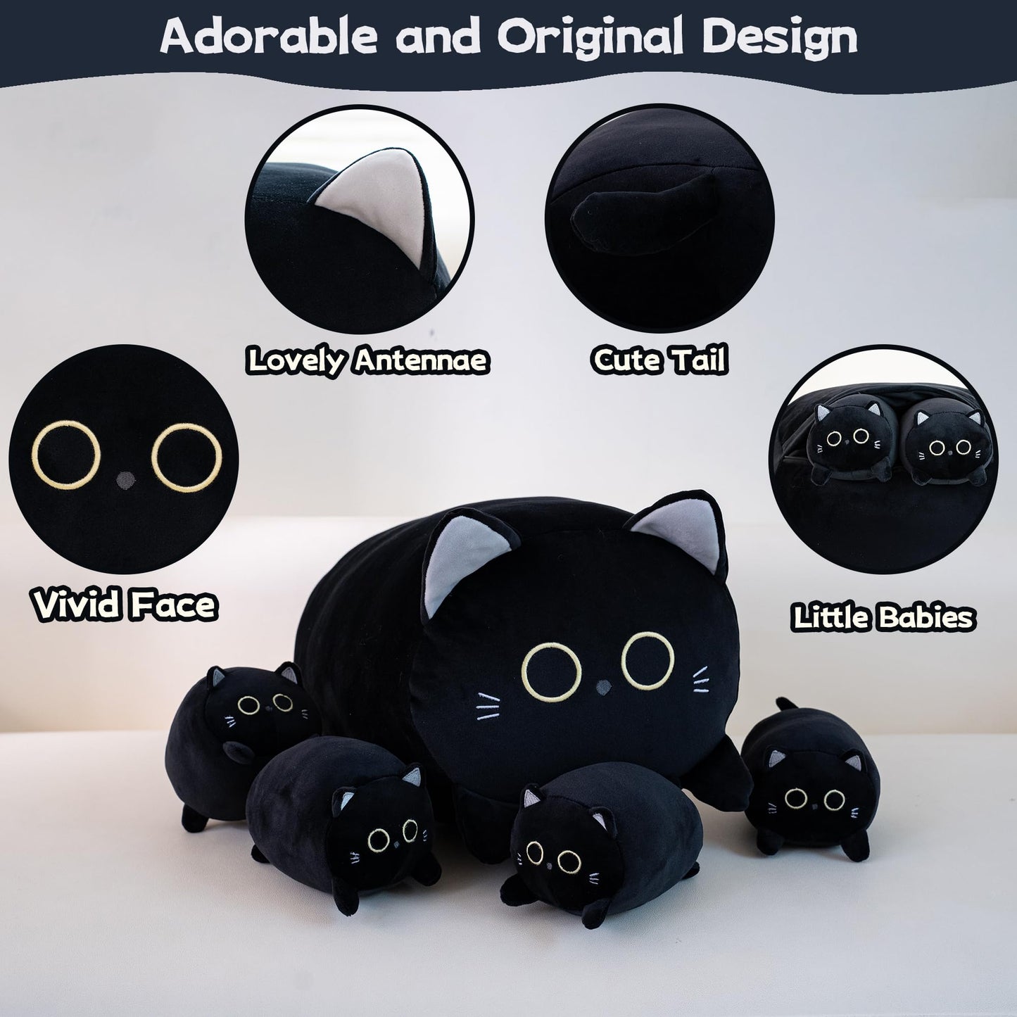 Gudisi Black Cat Plush – 16-Inch Jumbo with 4 Hidden Kitties