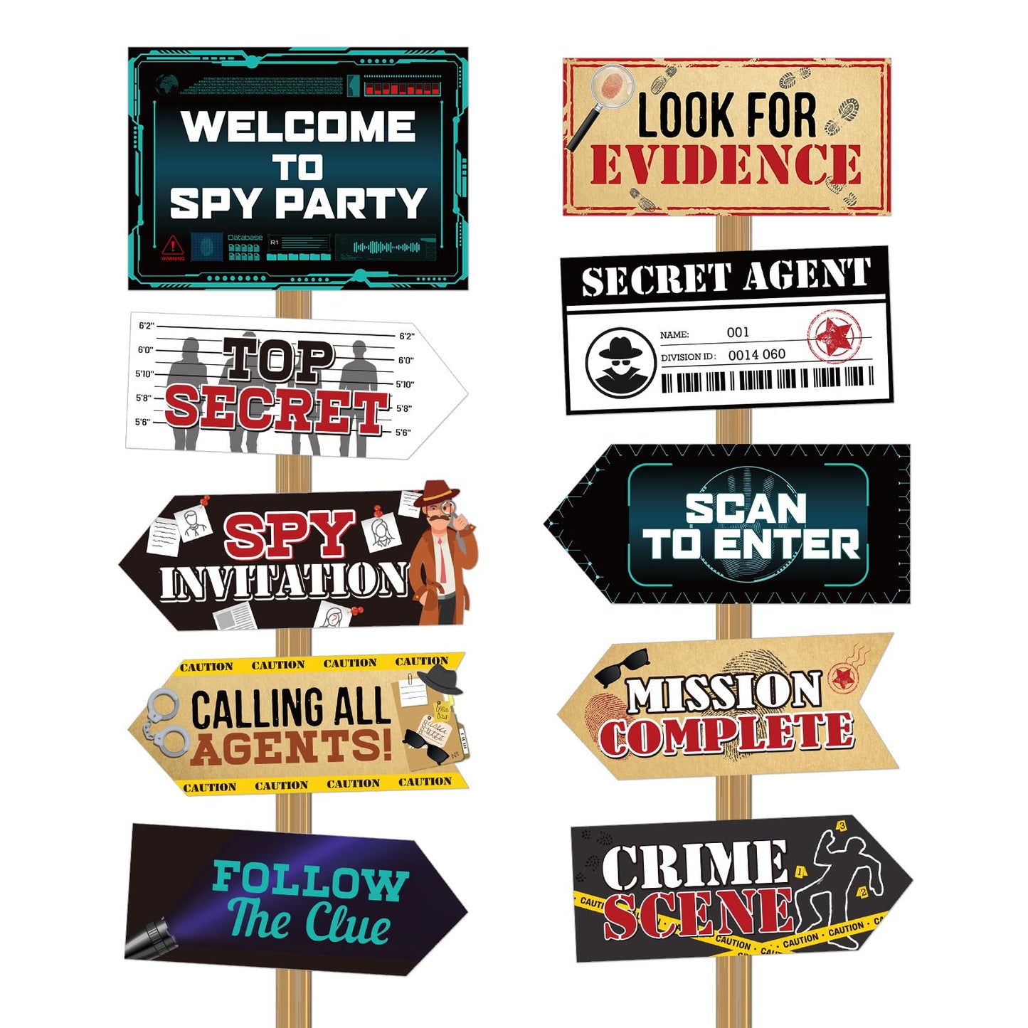 Gueevin 20-Piece Spy Party Signs — Detective Themed Yard Decor (10 Styles, Classic Color)