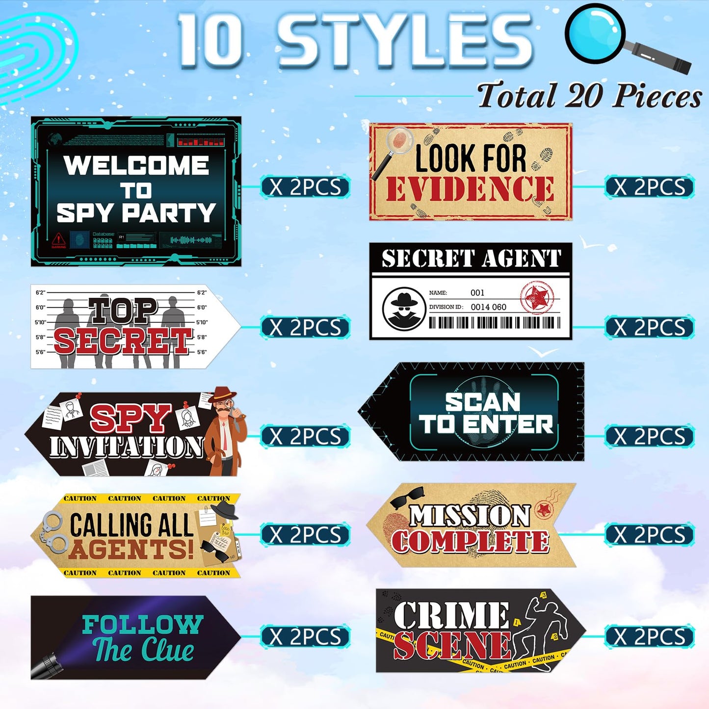 Gueevin 20-Piece Spy Party Signs — Detective Themed Yard Decor (10 Styles, Classic Color)